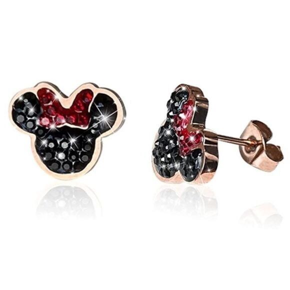 Rose Gold with Red and Black Cubic Zirconia Minnie Mouse Post Back Stud Earrings - Picture 1 of 7